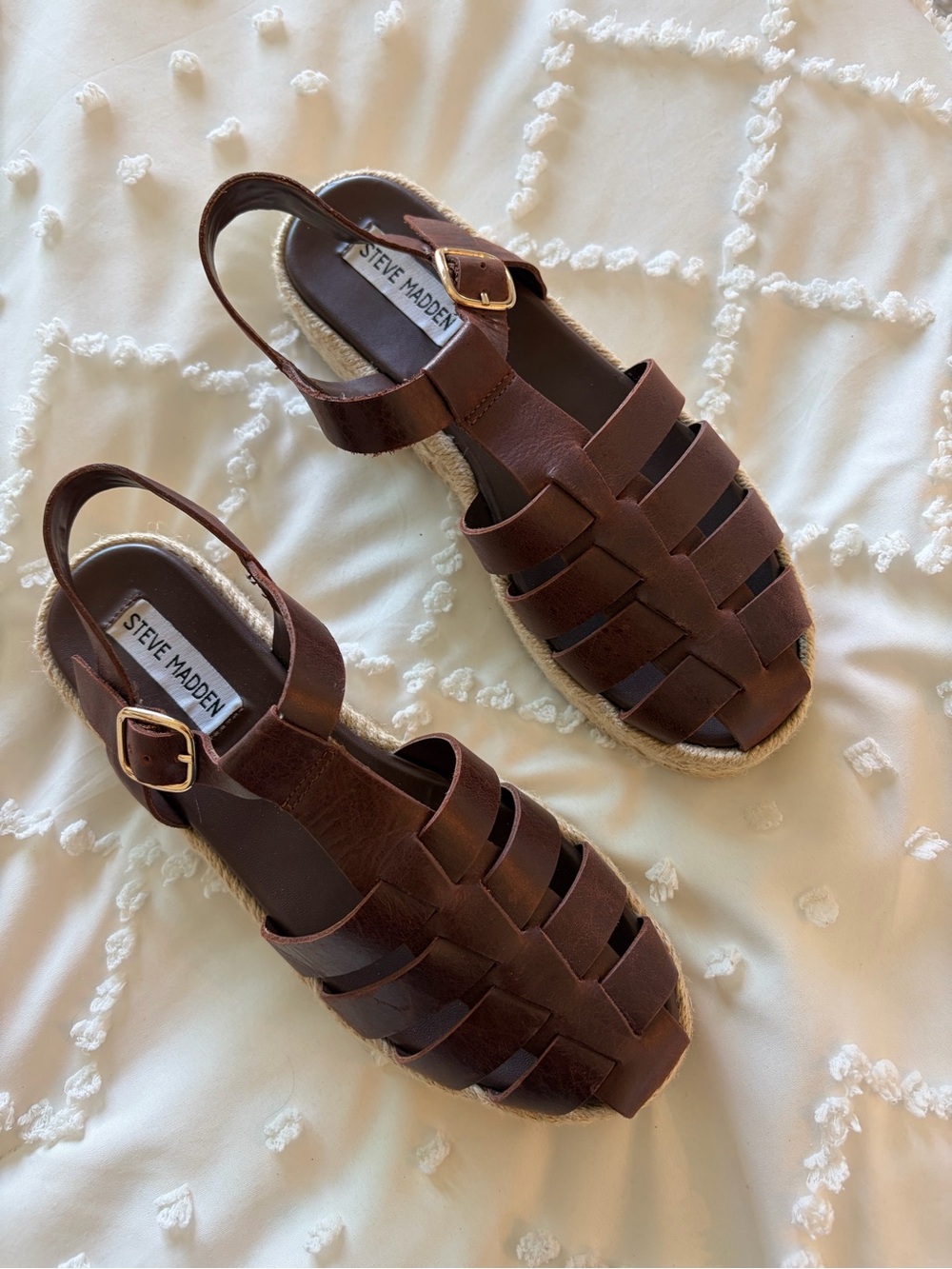 Steve Madden Brown Woven Leather Espadrille Sandal with Buckle, size 7